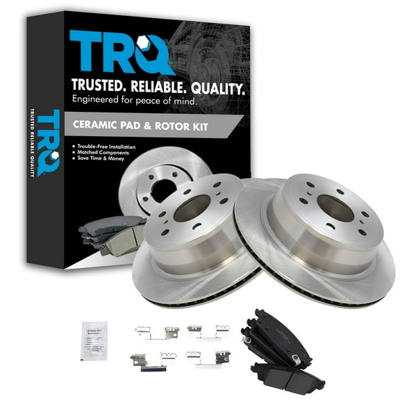 TRQ Rear Brake Kit Fits Select Cadillac Escalade GMC Sierra 1500 Yukon Chevy Silverado 1500 Suburban Tahoe Disc Brake Rotors Ceramic Brake Pads