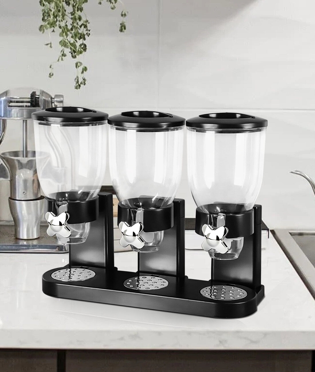 Triple Food Dispenser 2L Dry Food Dispenser Grain Dispenser Cereal Dispenser for Kitchen (Black)