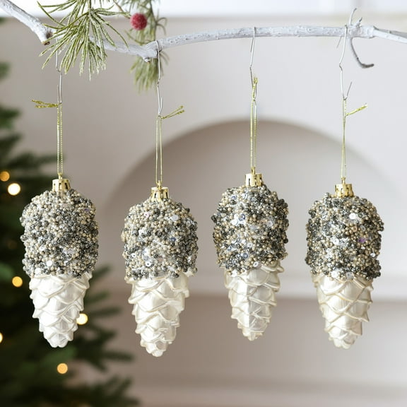 4PCS 2*4.5" Glittered Pinecone Ornament, Shining Christmas Tree Ornament Decorations Create A Festive Vibe Making Them An Excellent Choice For Christmas Home Decoration