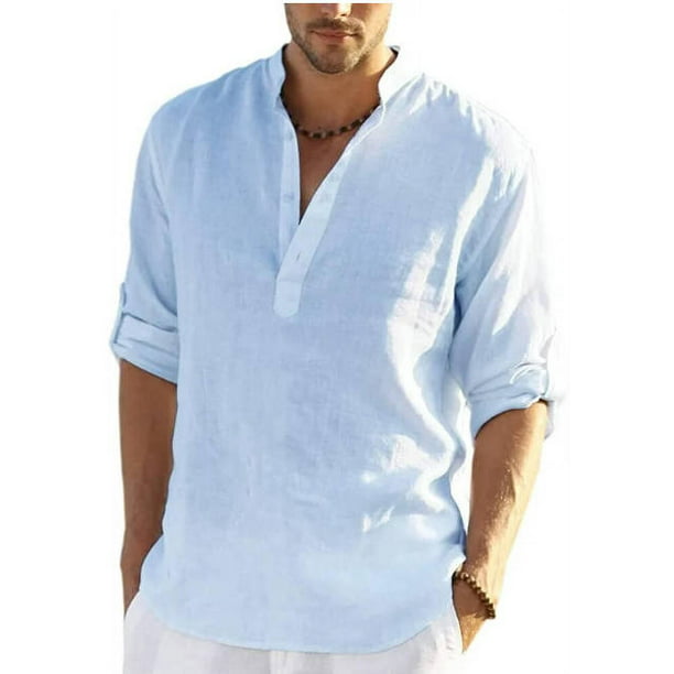 Lannger Men's Cotton Linen Henley Shirt Long Sleeve Hippie Casual Beach ...