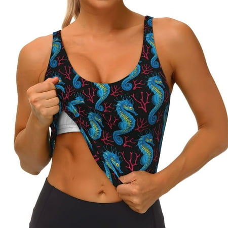 Qokaie Blue Seahorse Pattern Womens Scoop Neck Sports Bra Breathable Workout Vest Padded U Back Medium Impact Fitness Gym Yoga Bra Workout Crop Top