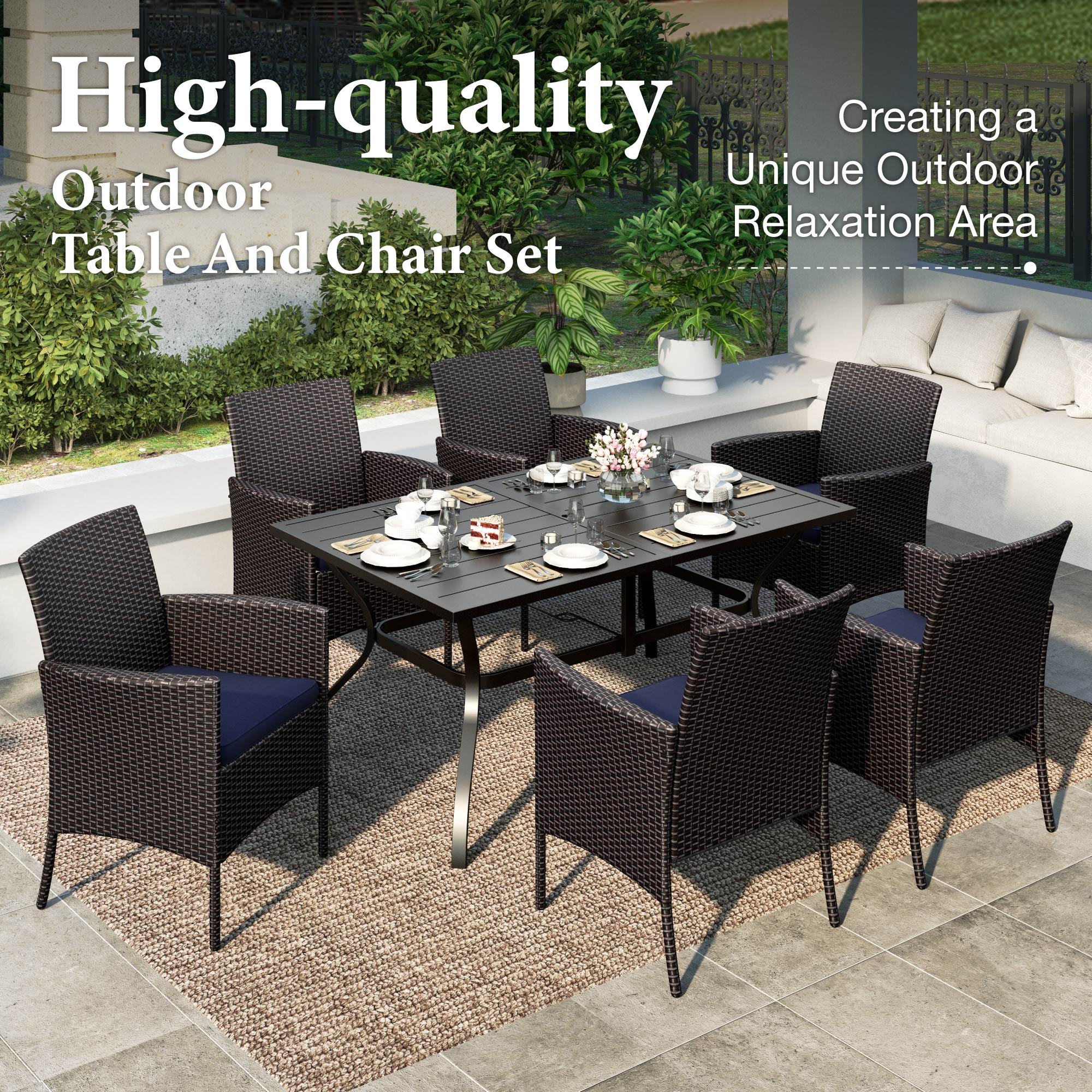 MF Studio 7-Piece Wicker Outdoor Patio Dining Set with Navy Blue Cushions, Rattan Patio Chairs and Metal Table with Umbrella Hole for 6 People, Black & Brown