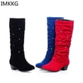 thumbnail image 2 of ZHAOCHENG Botas de nieve de tacón bajo para mujer, con diamantes de imitación, punta redonda, hasta la rodilla, para fiesta, boda, color rojo, negro y azul., 2 of 5
