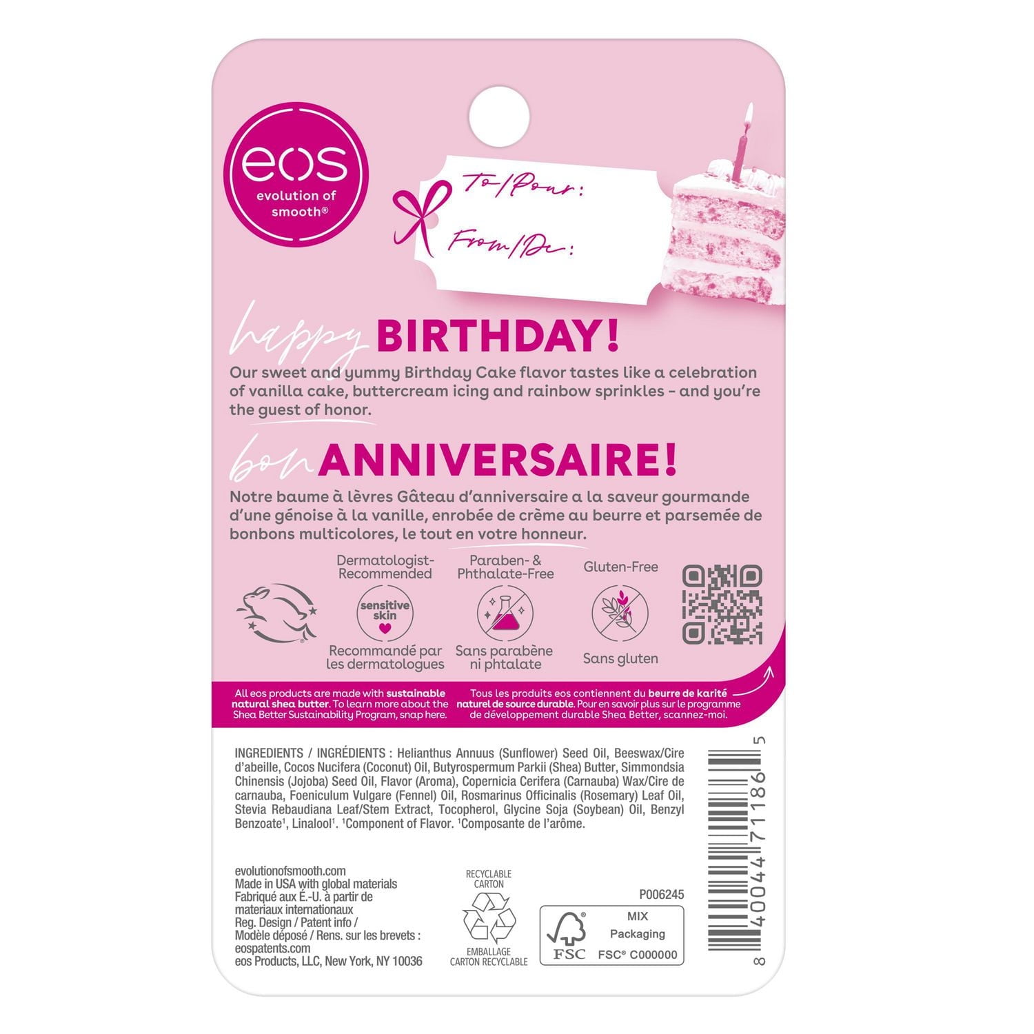 eos 100% Natural and Organic Lip Balm Sticks, Birthday Cake, 2pk, 8g