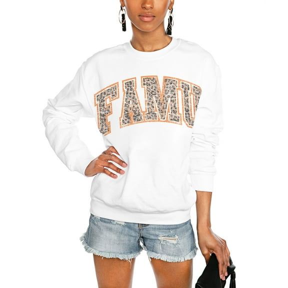 Women's Gameday Couture White Florida A&M Rattlers Distressed Snap Perfect Oversized Pullover Sweatshirt