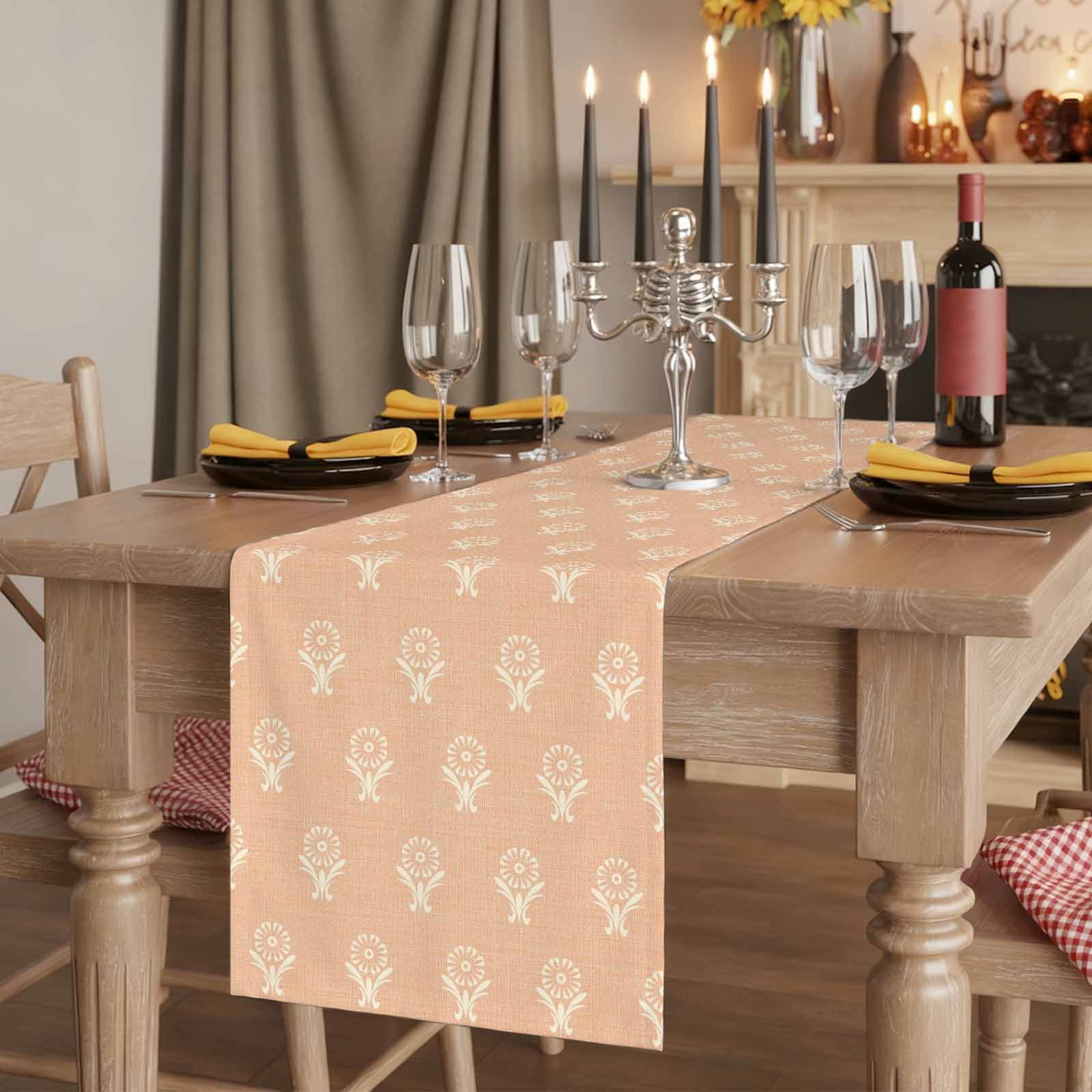 Abstract Bohemia Burlap Cotton Table Runner 13x48 Inches Long, Modern Boho Floral Orange Farmhouse Table Runners, Outdoor Dining Tablecloths Decor for Baby Shower/Party/Wedding