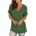 thumbnail image 5 of LADIGASU Women V-Neck Shoulder To Rolled Sleeve Short Sleeve Blouse Casual Solid Elegant Tops Blouse Loose T-Shirt, 5 of 5