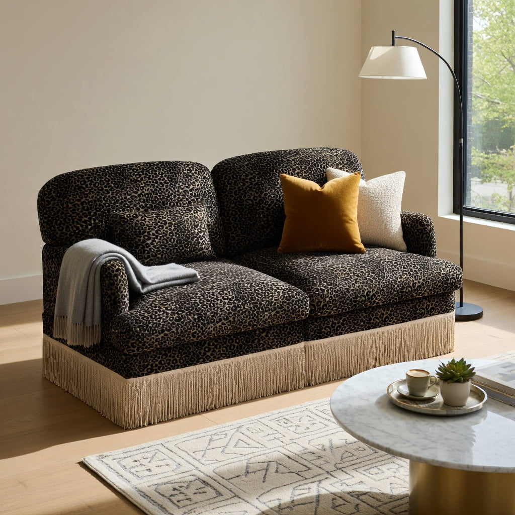 Hommoo 2-Seat Leopard Print Chenille Loveseat Sofa with Tassel Trim, Modern Modular Sectional Couch, Ergonomic Deep Seat Design, Easy Assembly, Living Room Sofa, Green Black