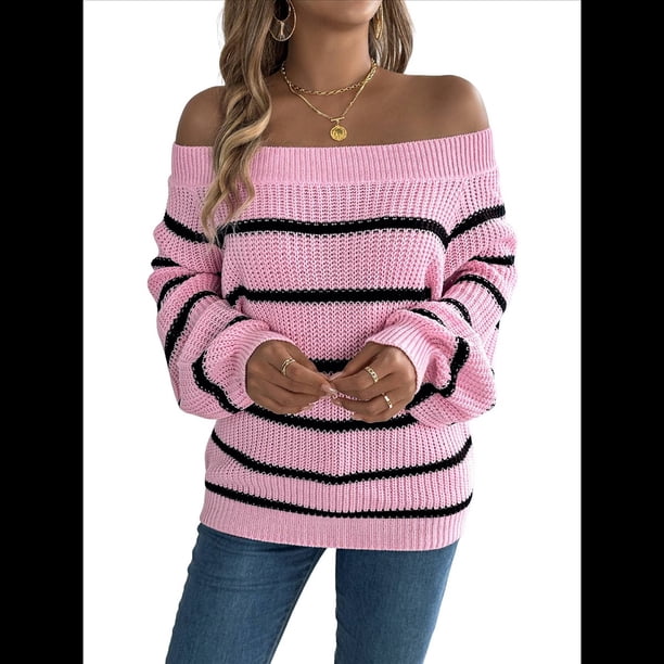 Suéter de Rayas con Hombros Descubiertos para Mujer, Moda de Otoño, Suéteres de Punto Casuales, Suéter Y2k, Blusas Lindas. Rosa XL