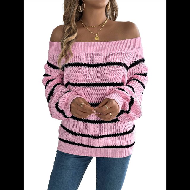 Suéter de Rayas con Hombros Descubiertos para Mujer, Moda de Otoño, Suéteres de Punto Casuales, Suéter Y2k, Blusas Lindas. Rosa S