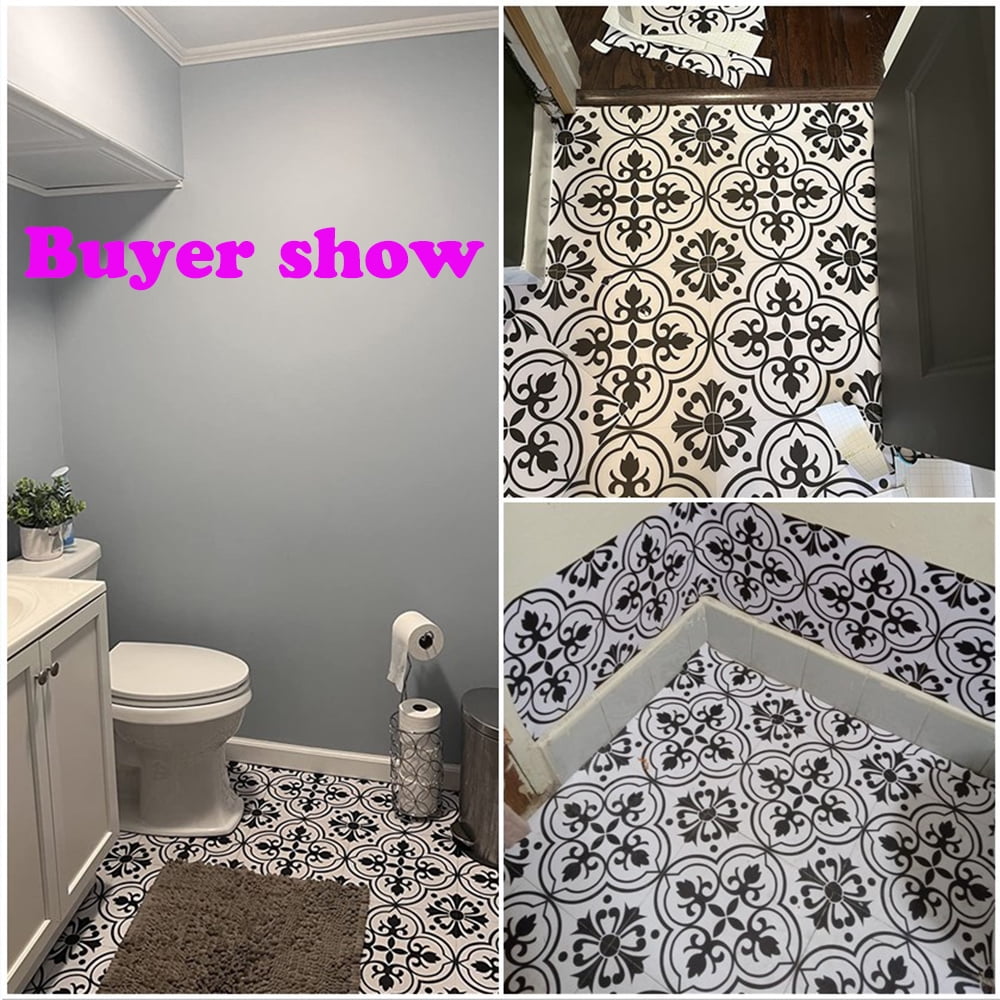 Lxcreat 20 Pcs Peel and Stick Floor Tile Flooring Black and White Flower, Vinyl Flooring 11.8-in x 11.8-in Self-Adhesive Removable for Bathroom/Kitchen