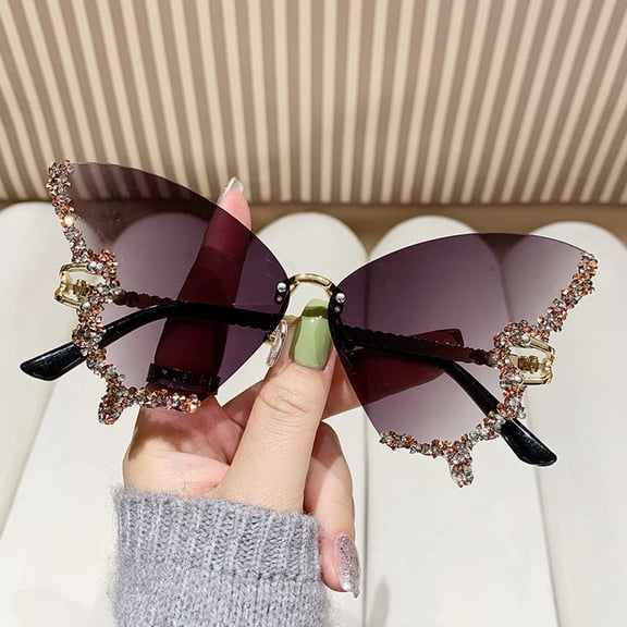 Women's Retro Classic Butterfly Shape Diamond Rimless Sunglasses UV Blocking Sunglasses Gradient gray