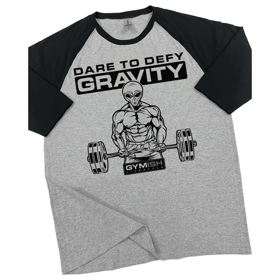 Gymish RAGLAN Dare to Defy Gravity Workout T-Shirt for Men – Funny Gym Shirt, Men’s Athletic Raglan Tee, Lifting T-Shirt, Fitness Workout Apparel