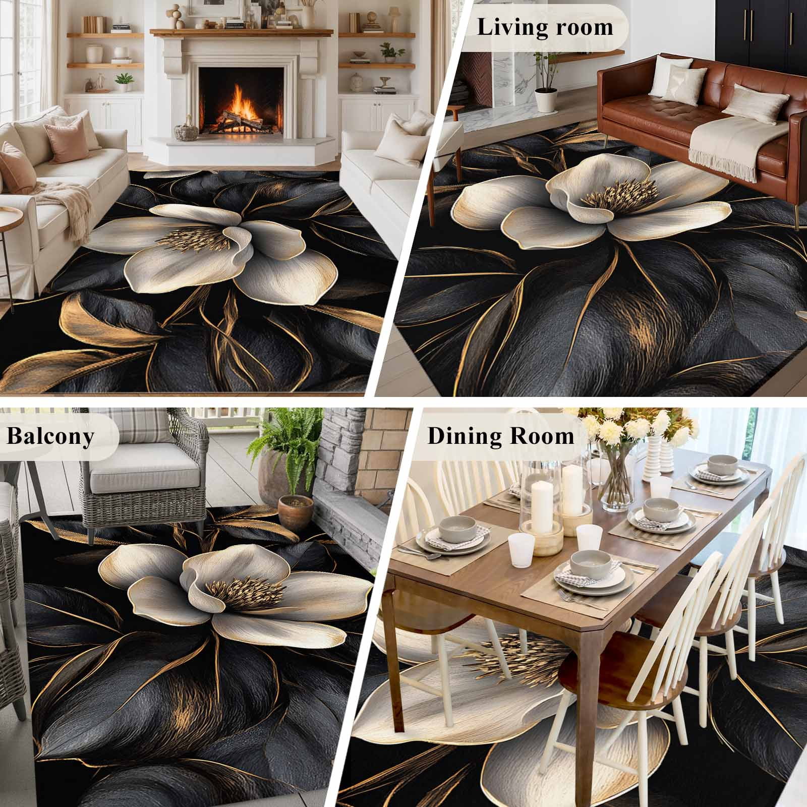 5'x8' Area Rugs, Black Gold Flower Indoor Outdoor Area Rug for Living Room Bedroom, Gradient Luxurious Floral Botanical Washable Bathroom Rugs Kitchen Floor Carpet Mats Home Decor Aesthetic