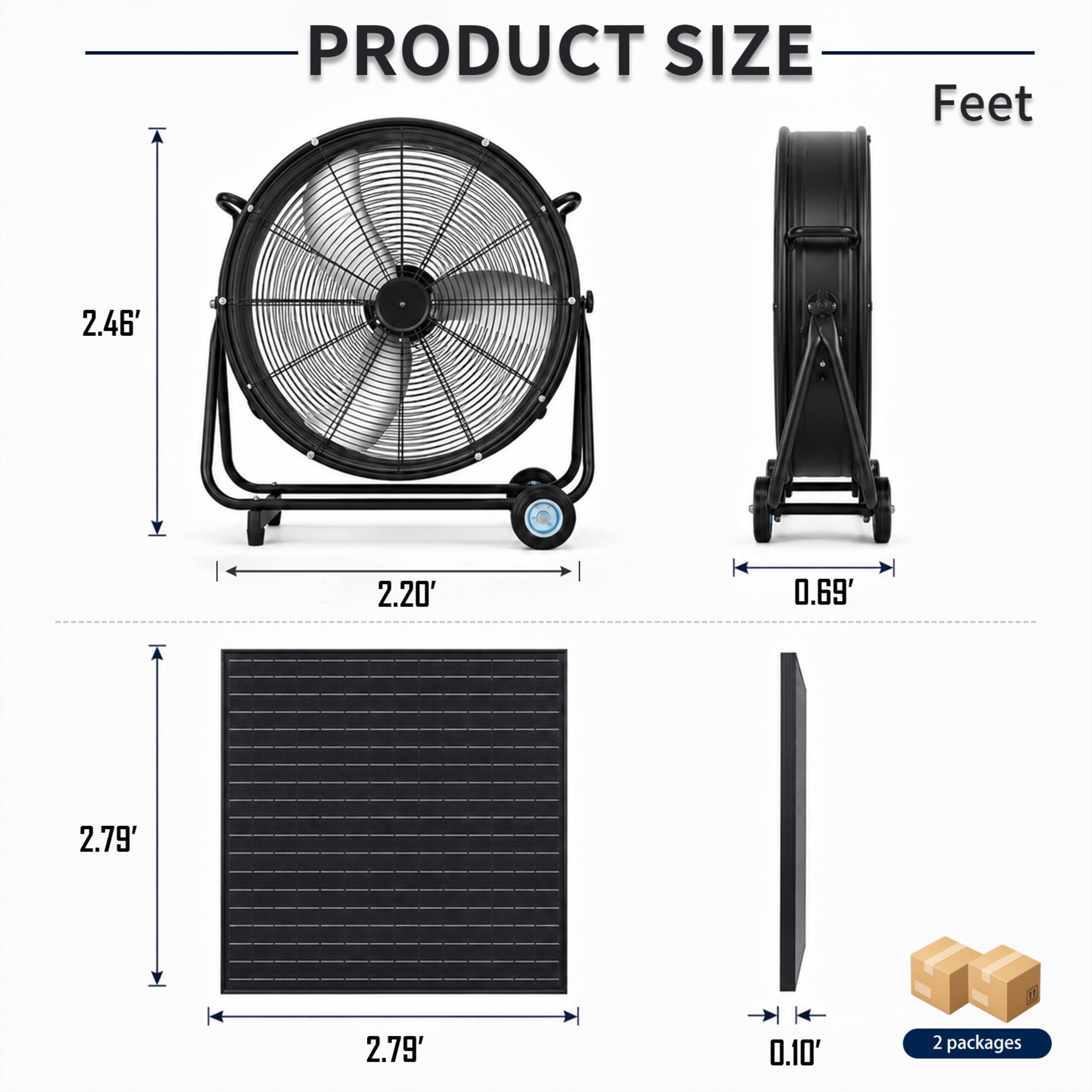 Noble House 24" Solar Floor-Standing Drum Fan, 140W Adjustable Panel Mobile Vent Fan with Casters, Black