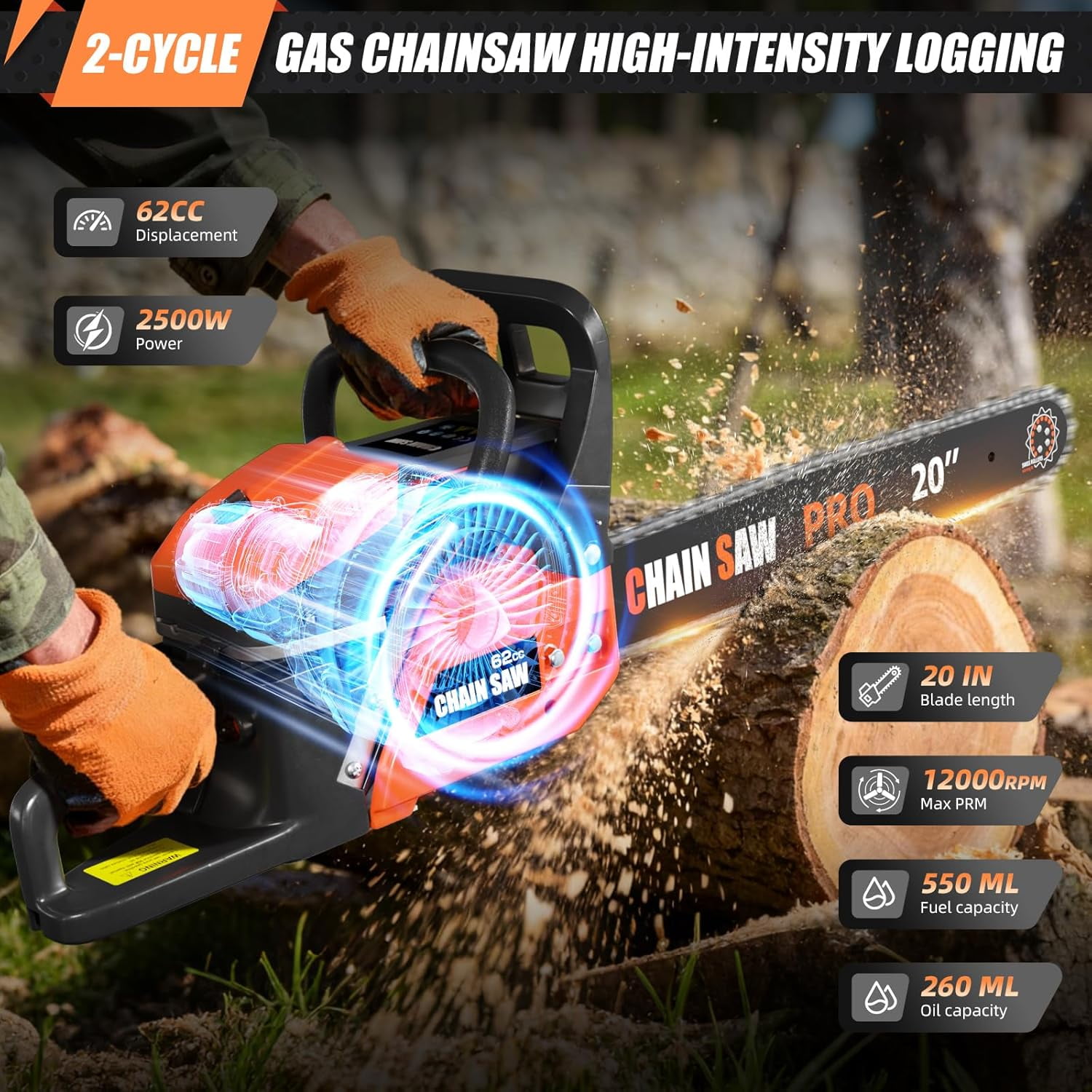 Datingday 62cc Gas Chainsaw, 3.5HP 12000 RPM Professional Handheld Chainsaw with Anti-Vibration & Quick-Stop Brake, 14 lbs Lightweight Design for Firewood Cutting, Trimming, Felling