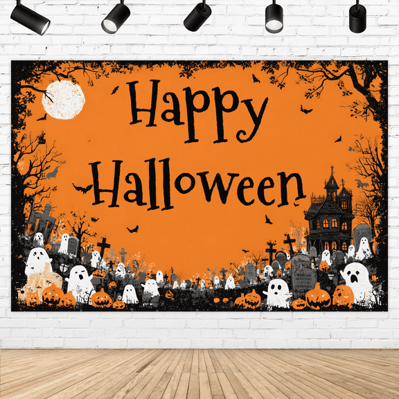 Happy Halloween Backdrop Horror Theme with Pumpkin, Ghouls,Bat Design for Halloween Party Decorations
