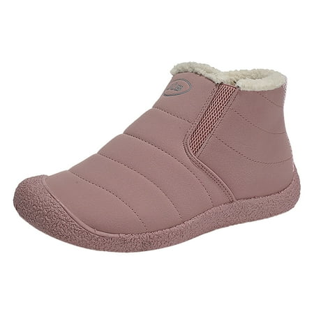 

SEMIMAY Fashion Women Keep Warm Plush Winter Snow Boots Flat Slip On Short Boots Round Toe Shoes Pink
