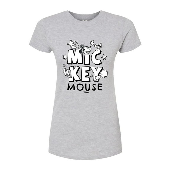 Disney - Mickey Mouse - Black & White Doodle - Juniors Fitted Graphic T-Shirt