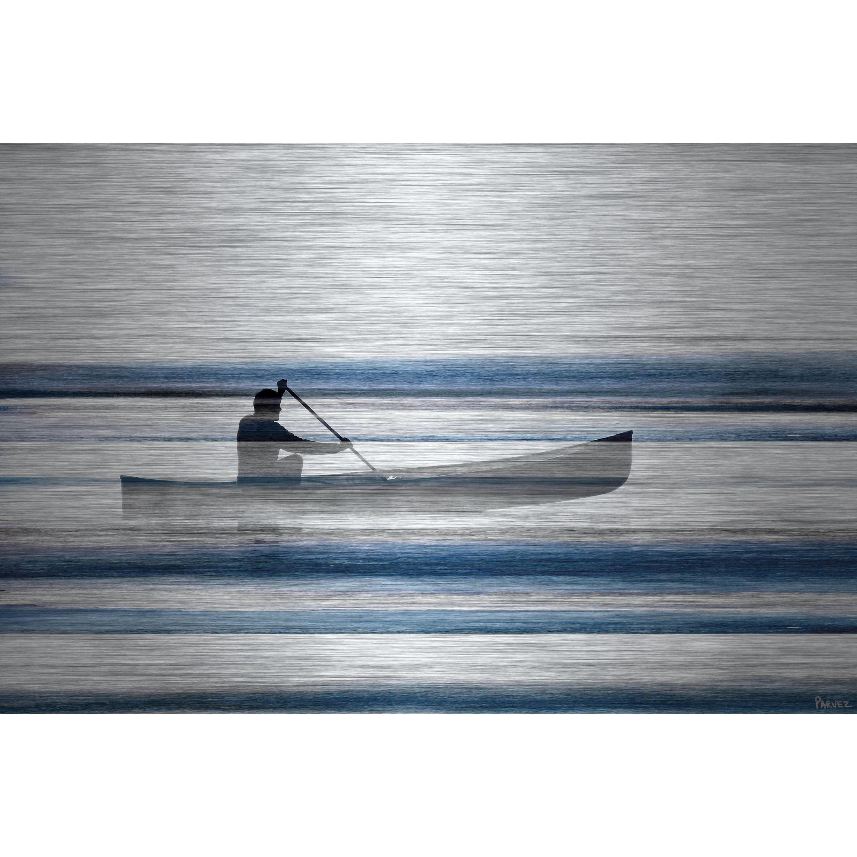 Parvez Taj  - Blue Lake Canoe Painting Print on Brushed Aluminum Multi-color 36 x 24