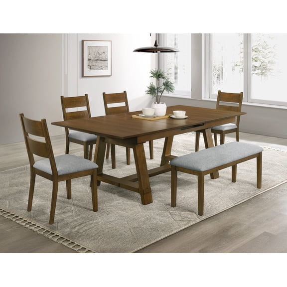5pc Dining Set Extendable Table Upholstery Chairs Bench Rich Wood Finish Solid Wood