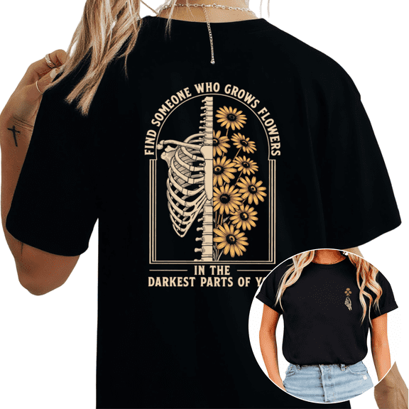 Cozymy Women’s Inspirational Floral Skeleton Tee - Front & Back Double-Sided Print Crew Neck Short Sleeve T-Shirt, Ribcage & Daisy Graphic Top