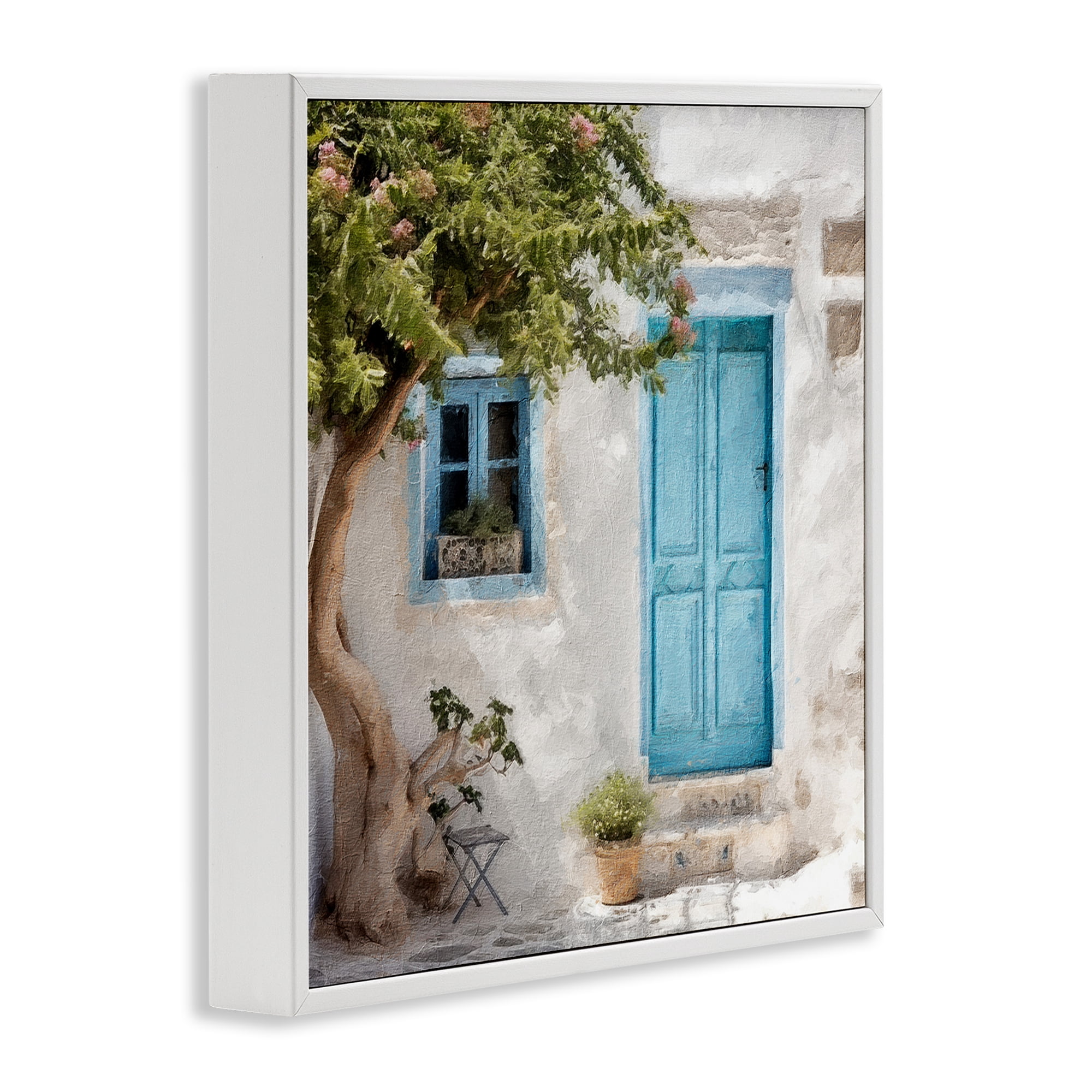 Stupell Industries Blue Door & Tree Town & City Painting White Framed Art Print Wall Art, 24 x 24