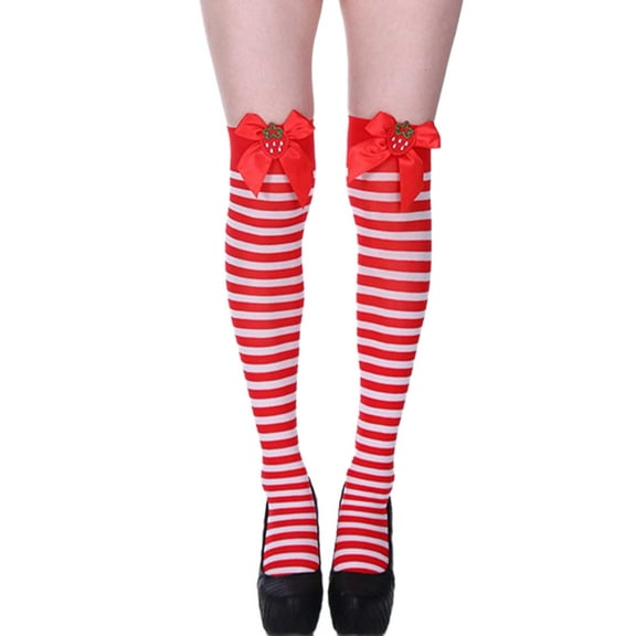 ZPAQI Cute Strawberry Bows Thigh High Socks for Women Stretch Striped Long Stockings