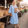 thumbnail image 3 of CIENVNSTG Summer Dresses for Women 2026 Vacation Long Sleeve Maxi Dress V Neck Button Down Flowy Tiered Ruffle Shirt Dress Summer Casual Long Dresses Sky Blue M, 3 of 6