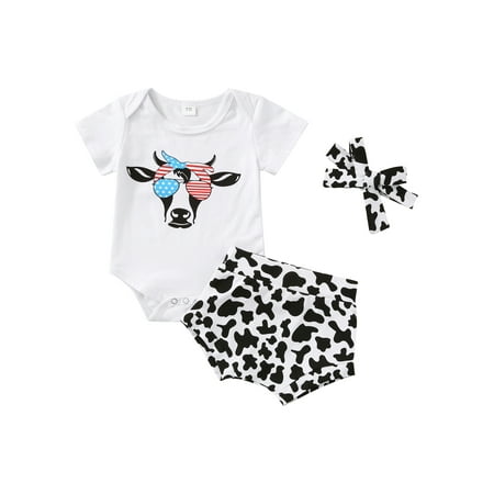 

Sunisery Toddler Baby Girls 3Pcs Summer Outfits Short Sleeve Cartoon Cow Print Romper + Shorts + Headband Set White 3-6 Months