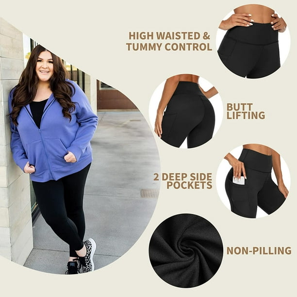 Plus Size Fleece Lined Leggings Women with Pockets - Black Thermal