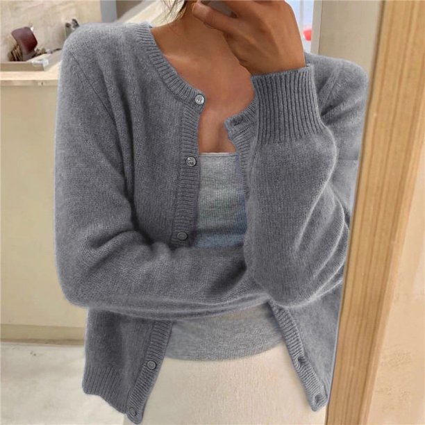 Cárdigan de punto de un solo pecho para mujer, jersey de manga larga, cuello redondo, cárdigans que combinan con todo, prendas de vestir, Color sólido, Coreano