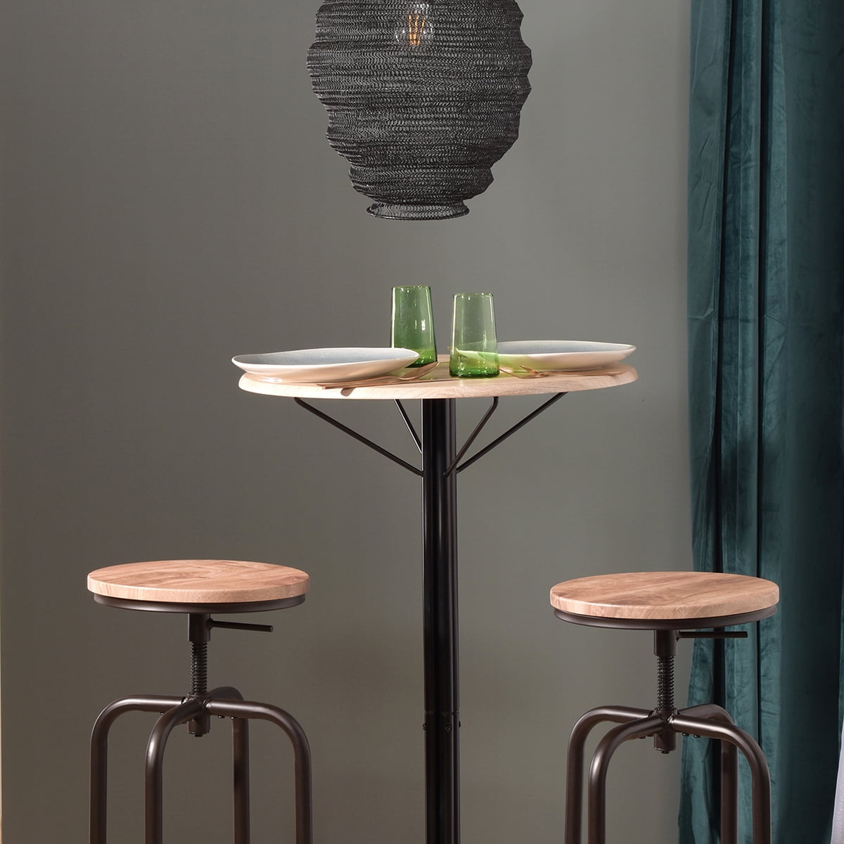 Kepooman 27" Industrial Vintage Bar Stools Set of 2, Counter Height Leather Bar Stools, Metal Frame Wooden Top Stool