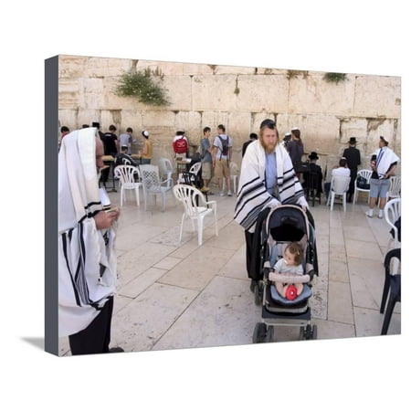 Jewish Man with Child in Pram, Old Walled City, Israel Stretched Canvas Print Wall Art By Christian