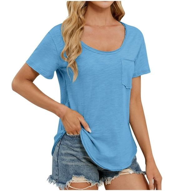 Top de Manga Corta de Cuello en V de Color Sólido de las Mujeres con Bolsillo, Blusa Casual de Poliéster Ligero