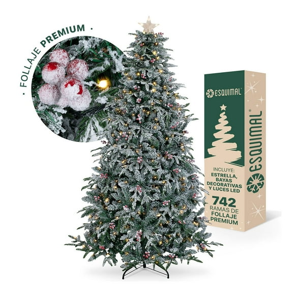 Árbol Navidad Nevado Esquimal Luces Led Piñas + Bayas Rojas + Estrella 1.80m