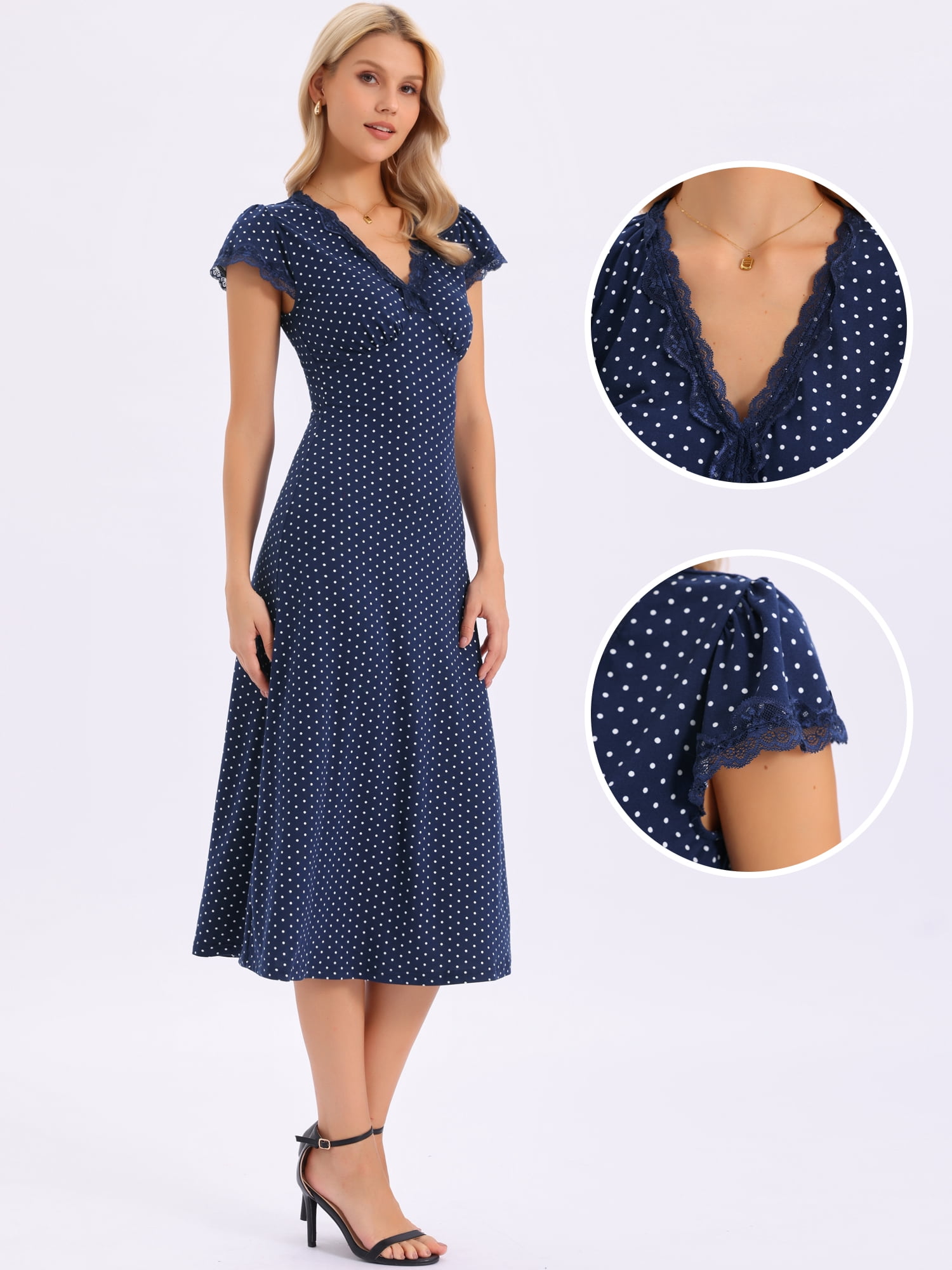 DARING DIVA Women's Polka Dots Dress Vintage Lace V Neck Casual Midi Dresses S Navy Blue