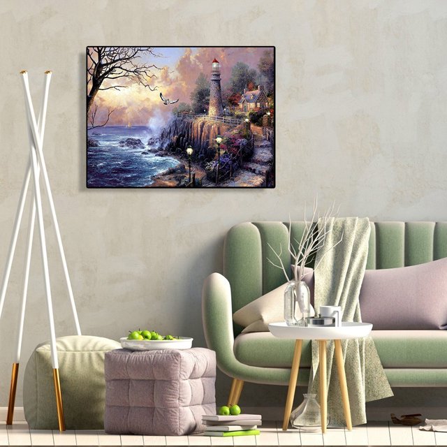 Cuadros Decorativos 5D bricolaje taladro cuadrado completo diamante pintura Seaside Faro Kit decoración del hogar Wdftyju embutido en tela
