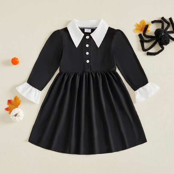 Black Dress White Collar Halloween Cosplay Costume Gothic Family Roleplay Outfit Puff Sleeve Dress for Little G'irls for Halloween Family Costume Party