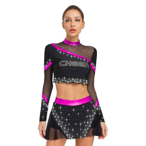 Alvivi Womens Cheer Leader Outfits Cheerleading Uniform Long Sleeve Crop Top and Mini Skirt for Halloween Carnival Hot Pink S