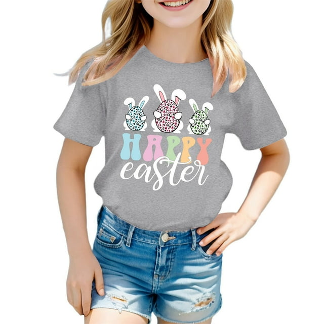 MIASHUI T-Shirt Graphique Lapin de Pâques pour Filles, Manches Courtes, Été, Gris, 4-5 Ans