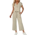 thumbnail image 1 of Top Y Falda Conjunto Estilo de las Mujeres de Color Sólido Suelto de Manga Corta con Cuello en V con Pantalones Cortos de Bolsillo Pantalones Set, Tejido Suave Transpirable Casual de Dos Piezas, Pant, 1 of 7