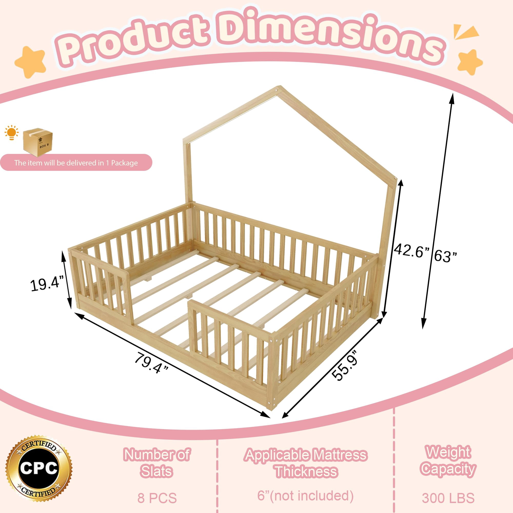 Full Size Montessori Floor Bed with High Rails, Wood House Beds Frame with LED Light, Low Profile Montessori Bed Full with Slats for Kids, Easy to Assembly, Full bed frames Natural