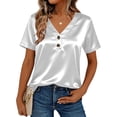 thumbnail image 2 of BXSRUTA Women's Satin Button Down Shirt V Neck Short Sleeve Blouse Lightweight Soft Business Casual Work Tops, 2 of 8