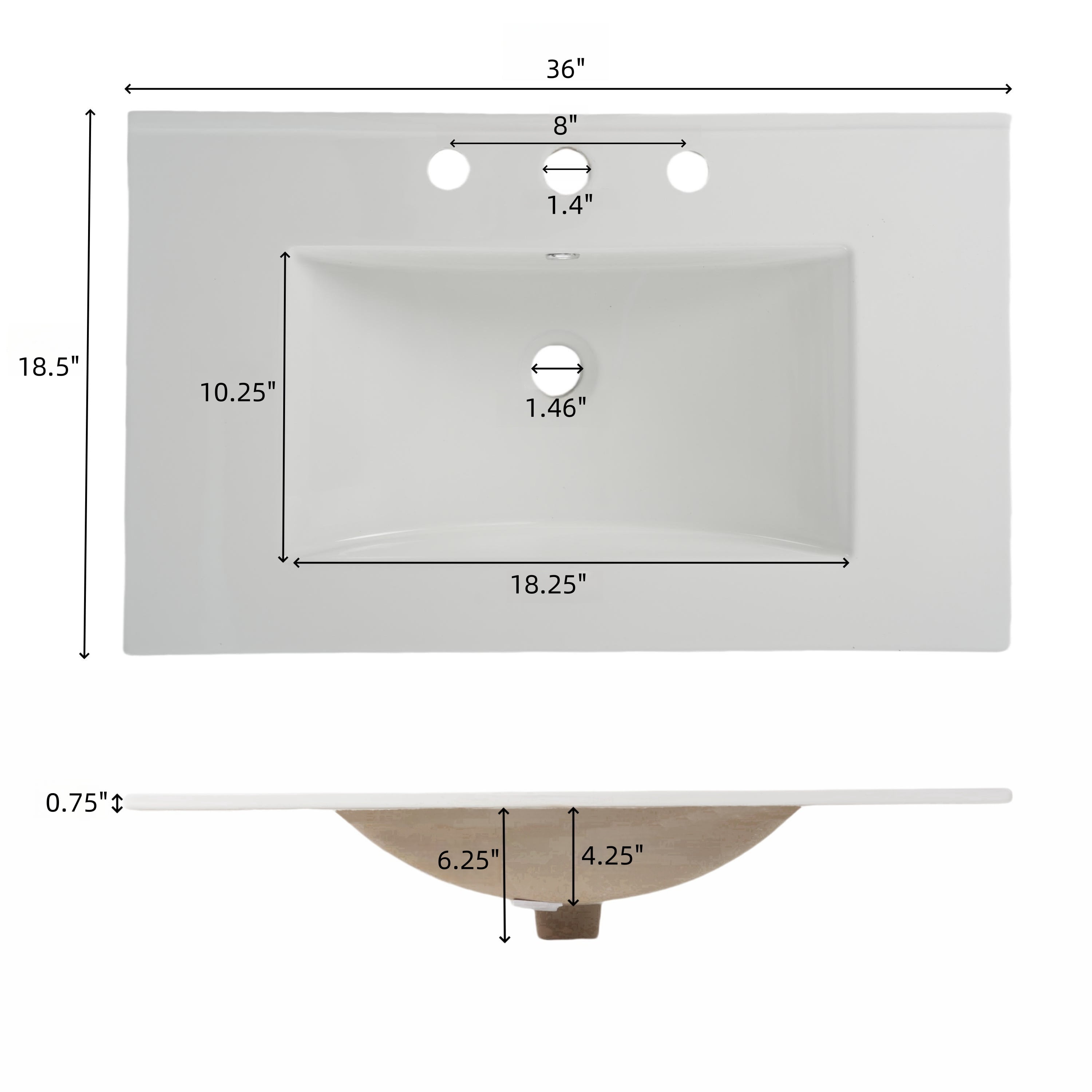 Euroco 36" Bathroom Vanity with Ceramic Sink, Bathroom Vanity with Tip-Out Tray and 2 Full-Extension Drawers, Silver Pulls and Soft Close Drawer Slides Design, 1 Open Shelf at the Bottom, Gray