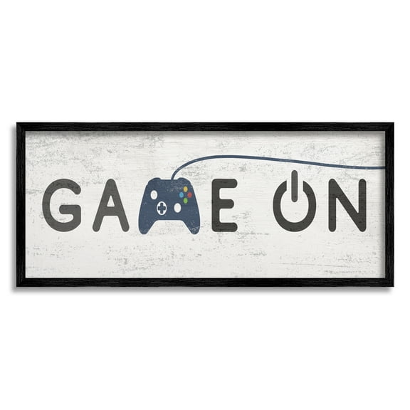 Stupell Industries Game On Video Gamer Phrase Blue Vintage Controller Beauty & Fashion Painting Black Framed Art Print Wall Art, 10 x 24