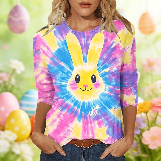 Yourumao Hauts à Manches 3/4 pour Femmes T-Shirt Graphique Lapin de Pâques Col Rond Mignon Imprimé T-Shirts Grande Taille Joyeuses Pâques