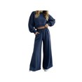 thumbnail image 3 of Zynoxe Women Suits 2 Piece Set with Pockets Classic Round Neck Long Sleeve Crop Sweatshirt & Drawstring Wide Leg Pants Suit Fashion Polka Dot Sweatsuit Set Vacation Outfits for Women Navy S, 3 of 8