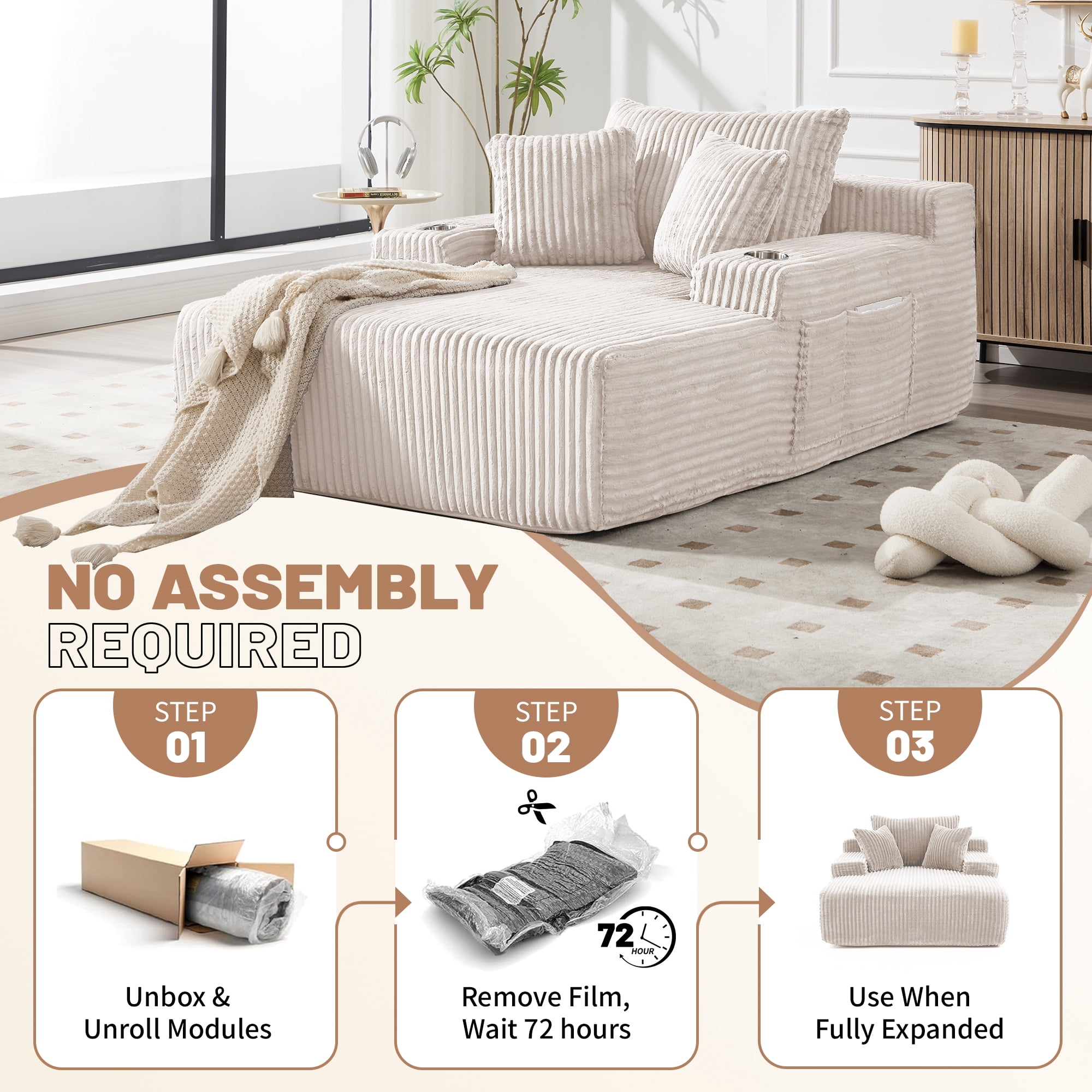 66 Inch Chaise Lounge Chair for Indoor Use, Oversized Corduroy Upholstered Boneless Sofa Bed, Deep Seat Sleeper Couch, No Assembly Required，800lb Support white