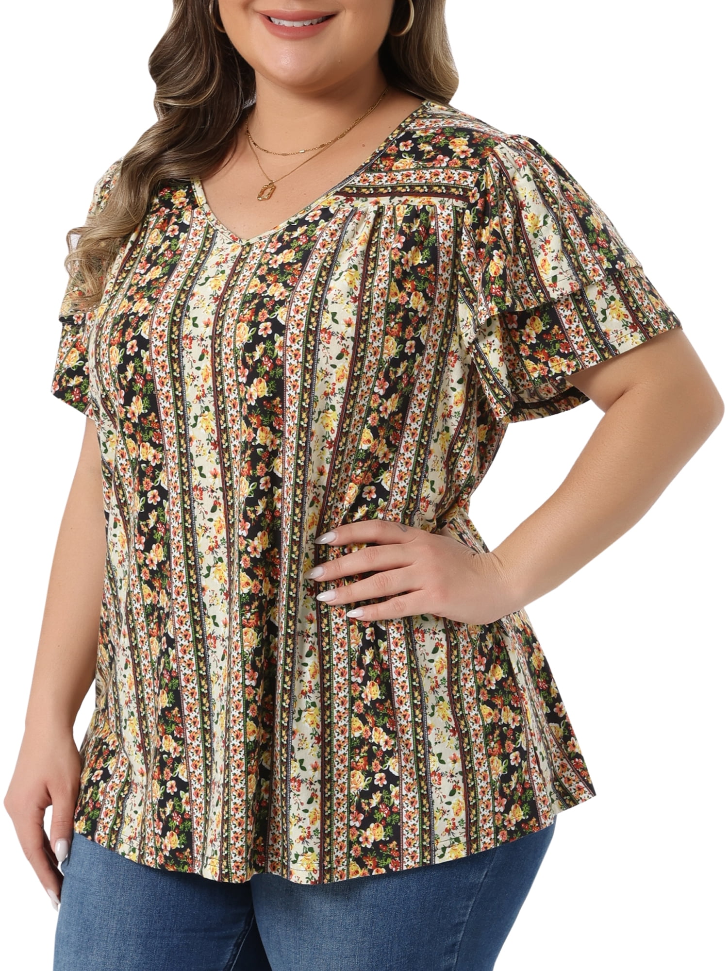 DARING DIVA Women's Plus Boho Floral Double Ruffle Sleeve Blouses 3X Black Yellow